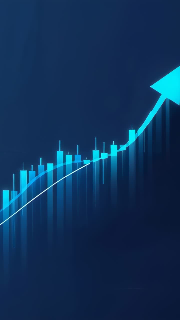 Vertical video: Animating financial chart rising over navy grid, showing cyan bars, white MA, arrow