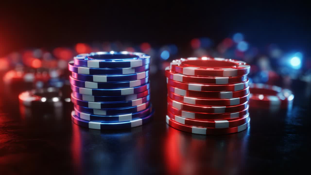Una straordinaria immagine di chip da poker colorate impilate, che mette in mostra il contrasto vivace tra il rosso e il blu con uno sfondo sfocato di chip aggiuntive, perfetta per un tema di gioco