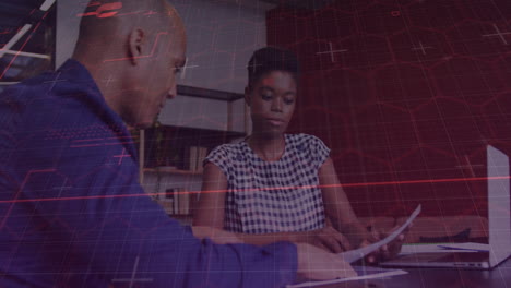 Animation of financial data processing over diverse business people in office