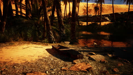 a desert oasis with a boat on the shore