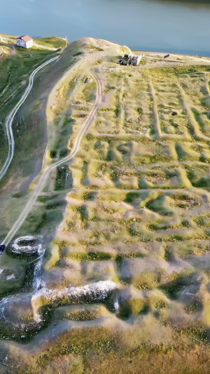 Aerial drone view of the Danube River flowing through the Iron Gates Gorge along the Romania/Serbia border. The river curves around a forested island, surrounded by agricultural fields. Vertical