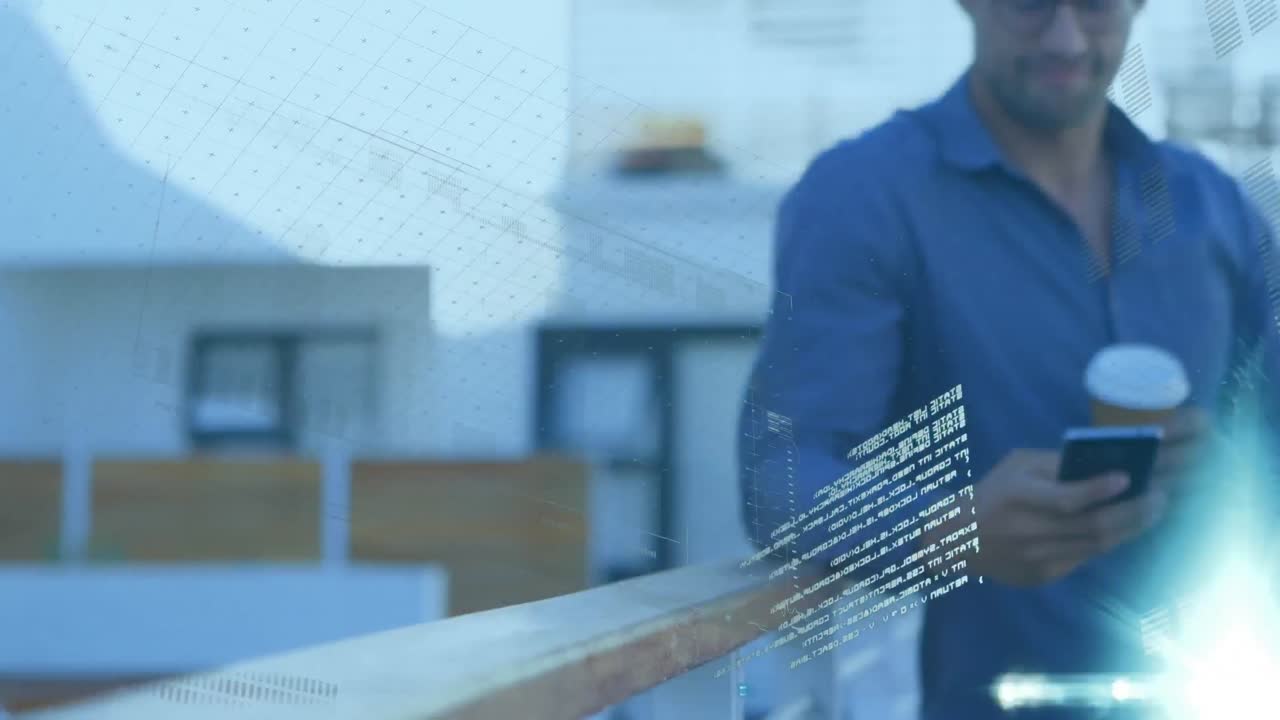 Animation of statistics and data processing over man using smartphone