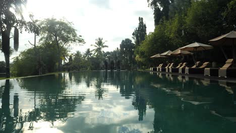 fotografía en cámara lenta de una piscina en bali, indonesia, con vistas a la hermosa mañana, tumbonas y árboles en el fondo durante un viaje de ensueño