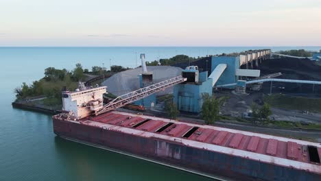 coal power plant with freighter unloading cargo. large industrial facility in aerial view.