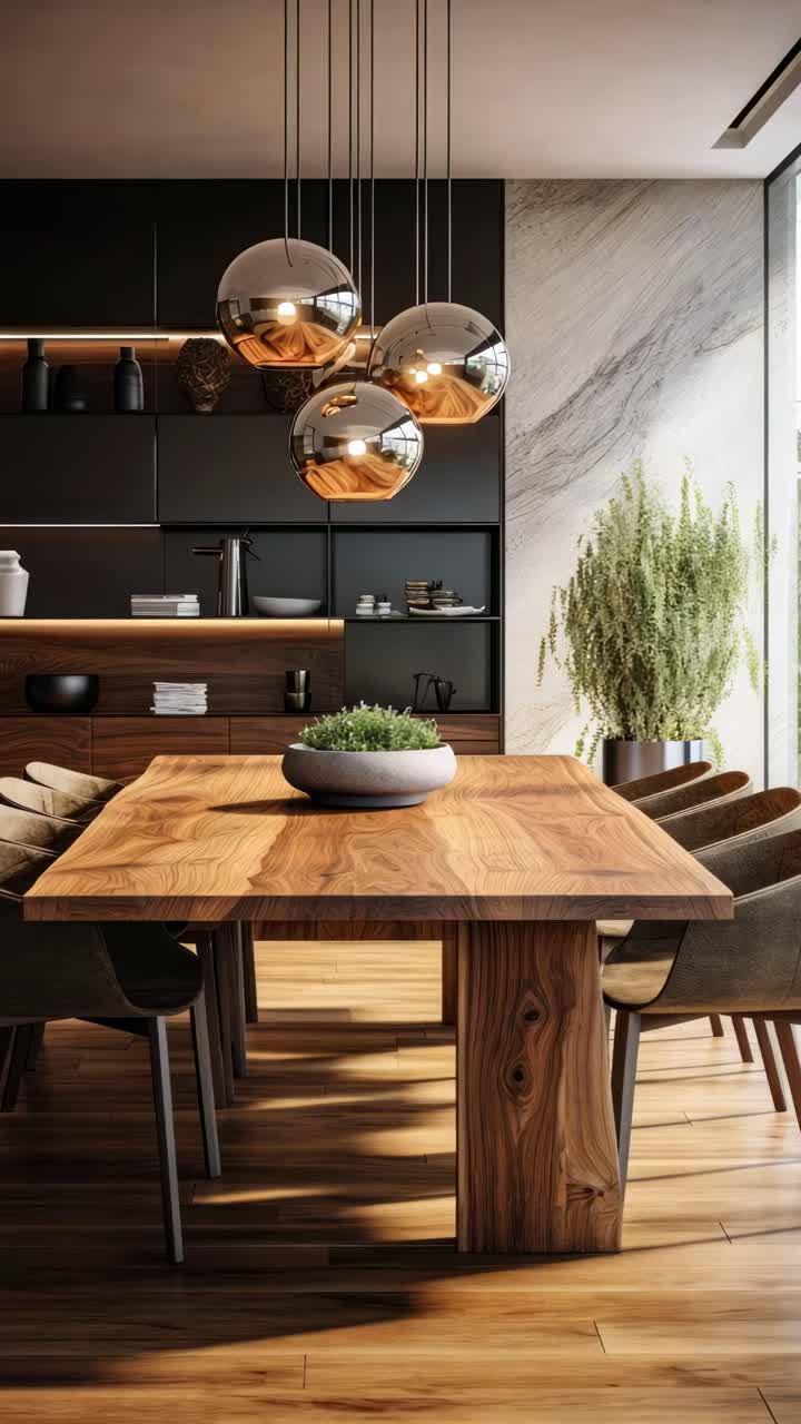 Sala da pranzo moderna con tavolo in legno, lampade a sospensione sferiche e vegetazione