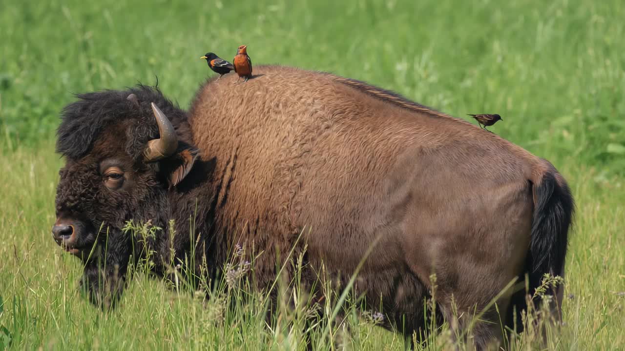 Blinking large bison shifting and lowering head in grassy meadow, birds hopping on hump and rump