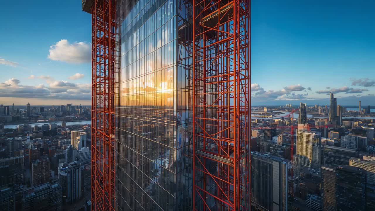 Circling drone camera approaching glass tower underway as sunset lowers, showing red scaffolding