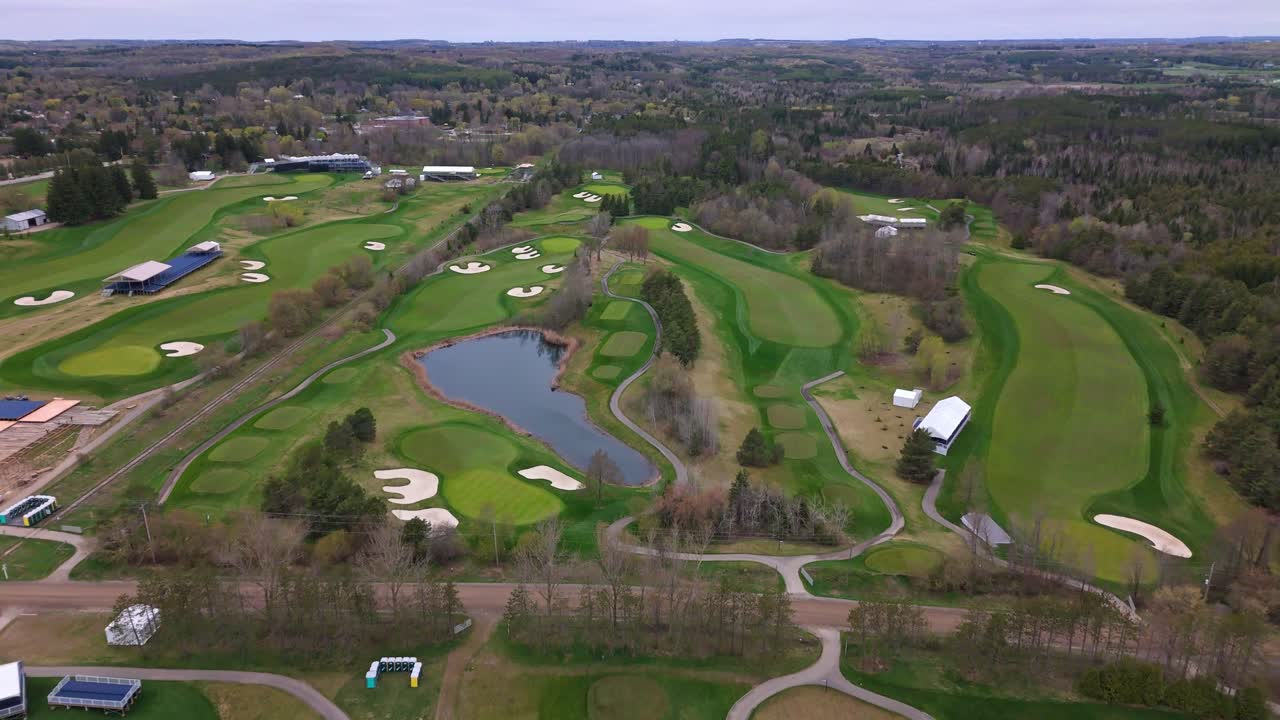 Golf course at TPC Toronto Osprey Valley in Caledon, wide drone view of lush fairways