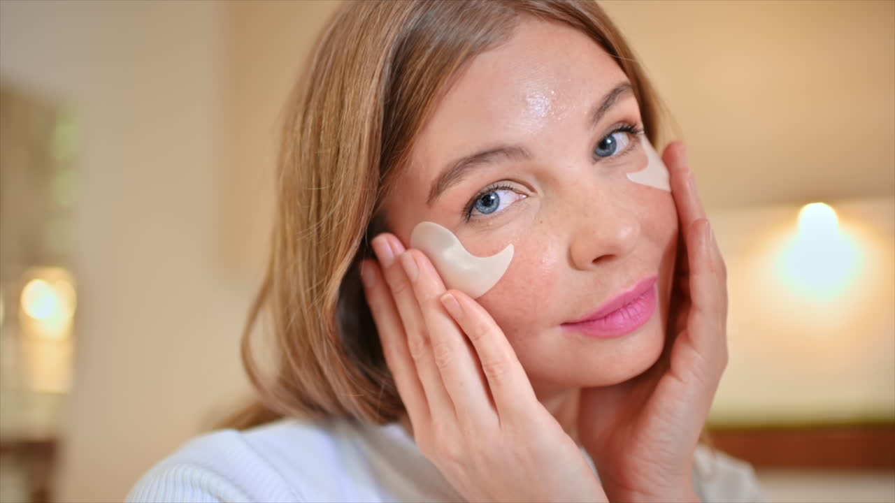 mujer aplicando parches oculares para el cuidado de la piel