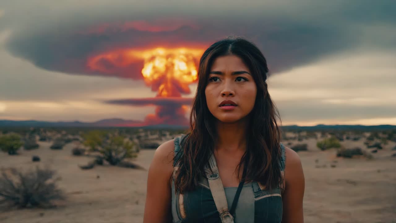 Woman in Desert with Nuclear Explosion