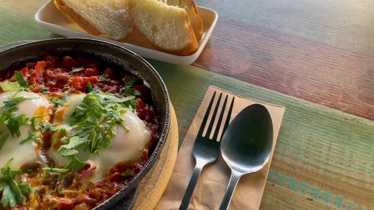 전통적인 샤크슈카의 근접 시각, 토마토 소스, 올리브 오일, 고추, 양파 및 마늘, 저 탄수화물, 케토 식사.