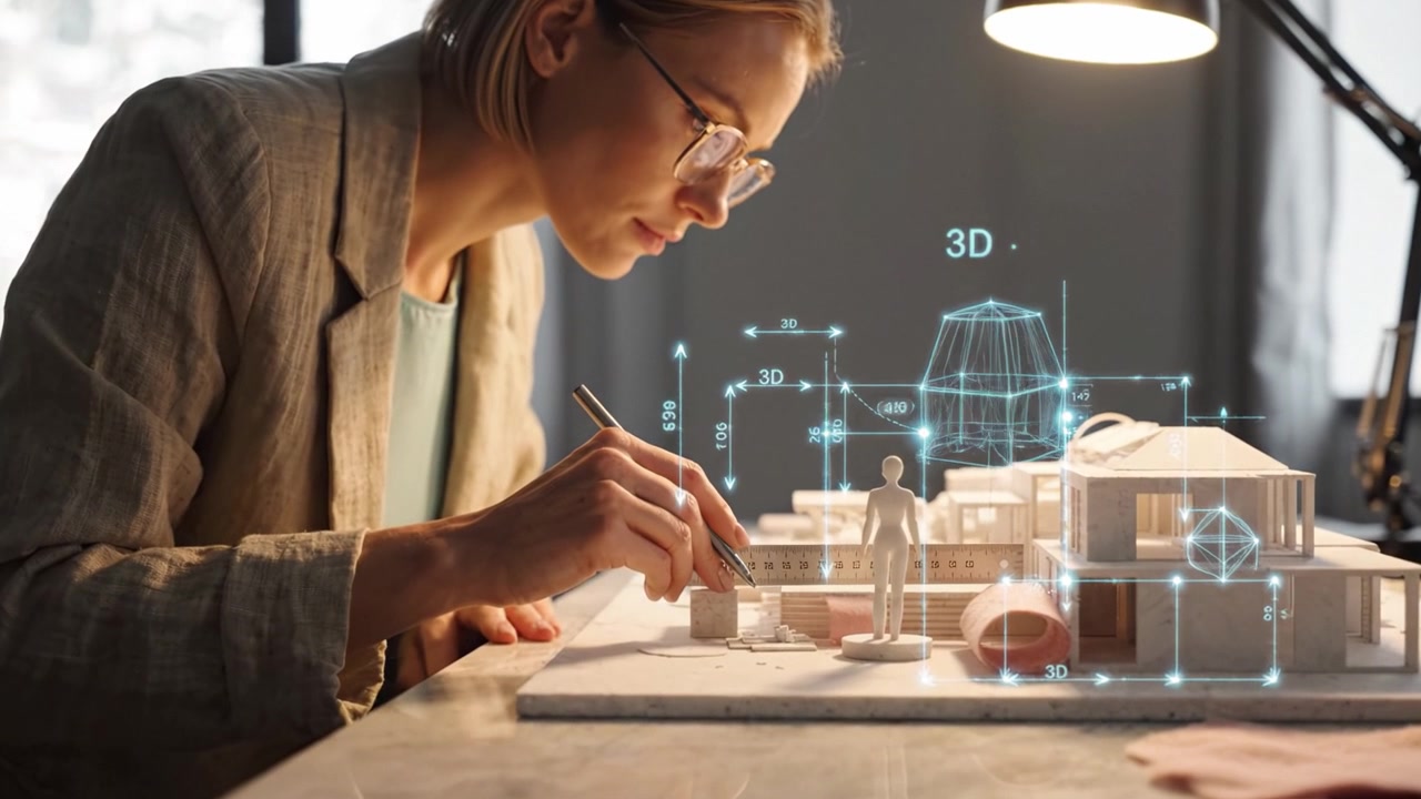 Архитектор сосредоточенно работает над 3D-моделью, с точностью и креативностью детализируя миниатюрный строительный проект в светлой обстановке