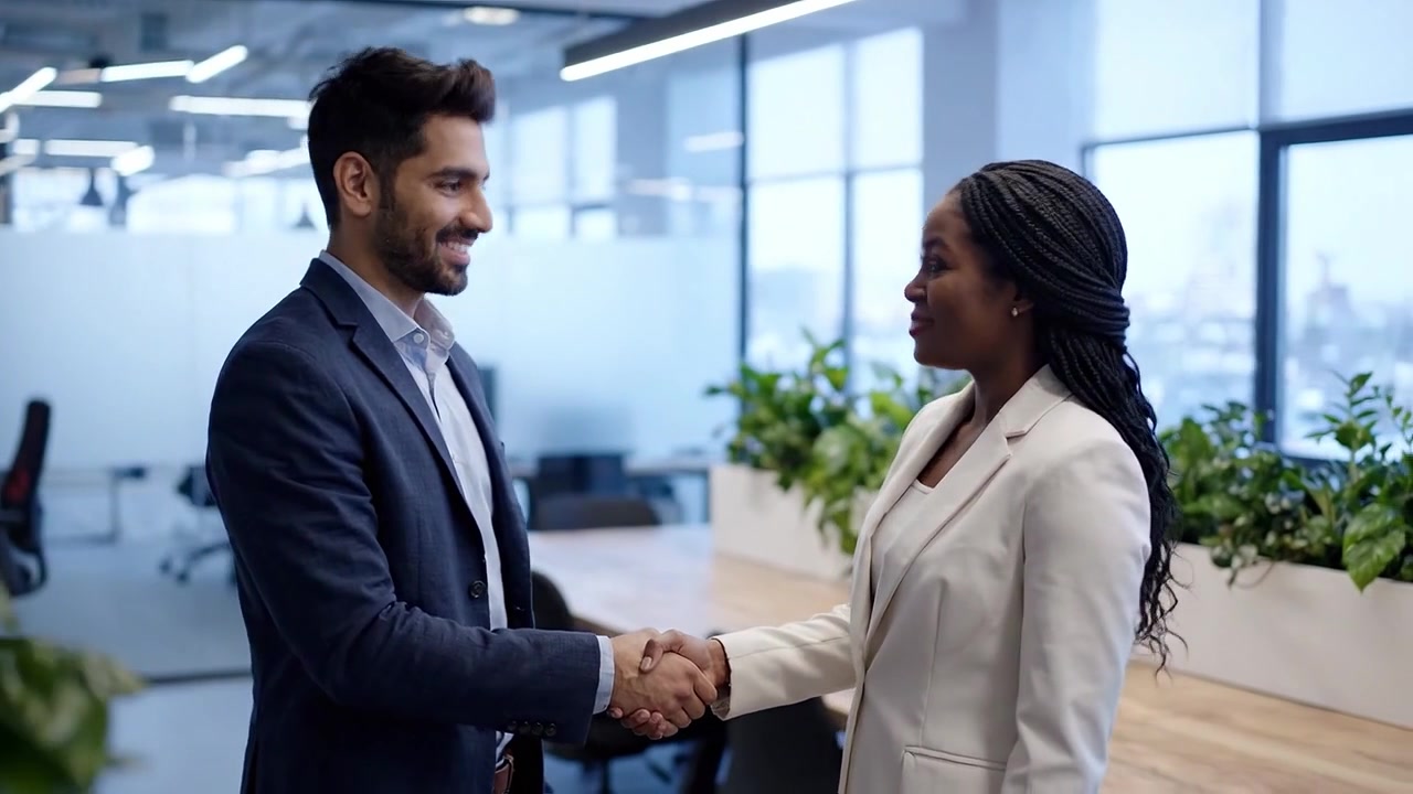 Professional Business Interaction in Modern Office: A Smooth Handshake Between Two Colleagues in a Collaborative and Stylish Work Environment