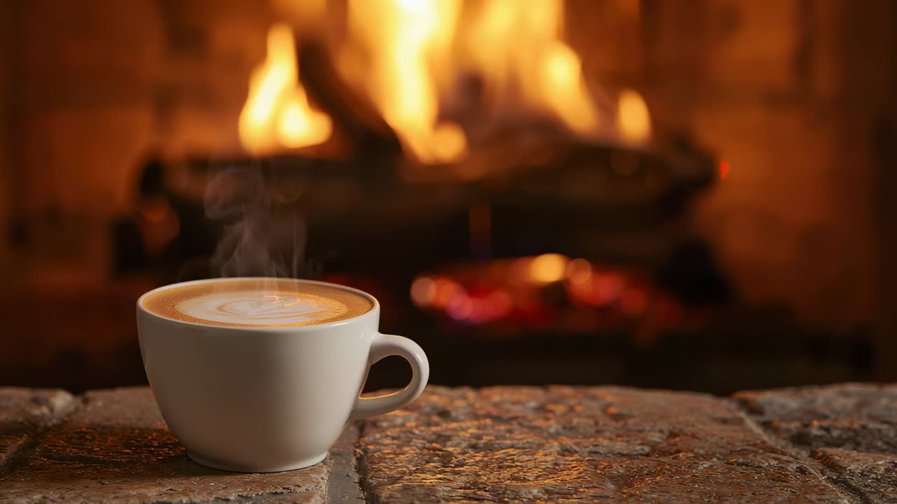Resting white ceramic cup with latte art, bathing warm light on stone hearth while logs glowing