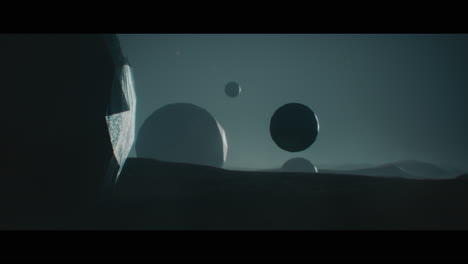 alien planet desert landscape at night with strange sphere-shaped buildings