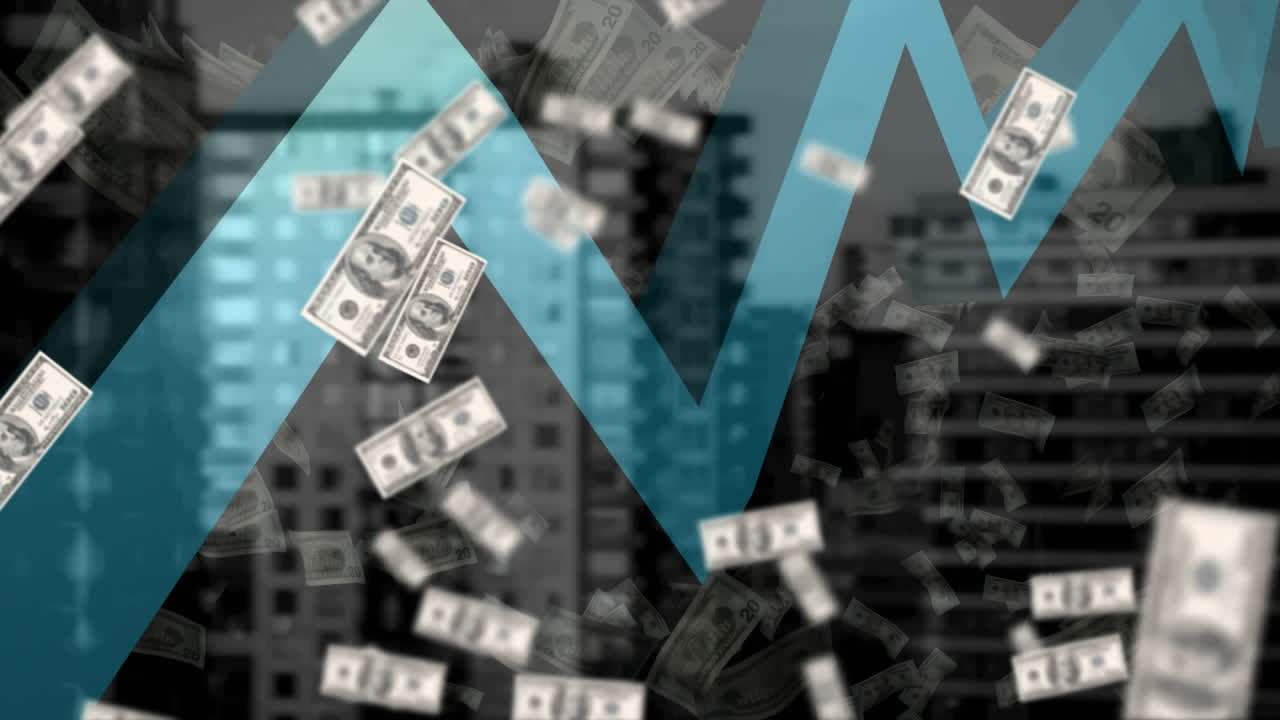 gráfico azul en movimiento y dólares estadounidenses cayendo contra edificios altos en el fondo