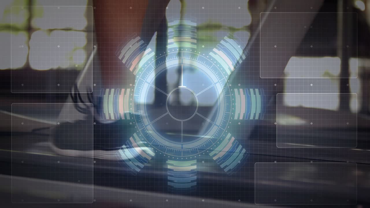 Feet stepping onto belt starting spinning HUD, two runners pacing while HUD tracking fitness data