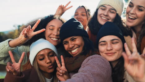 group, women and peace sign for selfie in nature