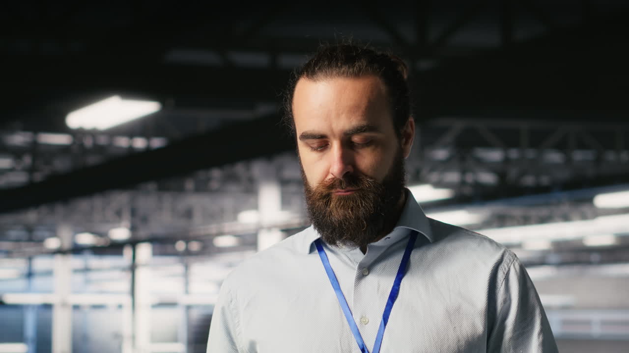 Cheerful data center admin doing maintenance tasks on tablet