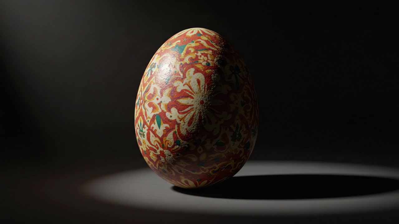 Artistic Presentation of a Traditional Decorative Egg with Intricate Patterns and Rich Colors in a Dramatic Lighting Setup on a Dark Background