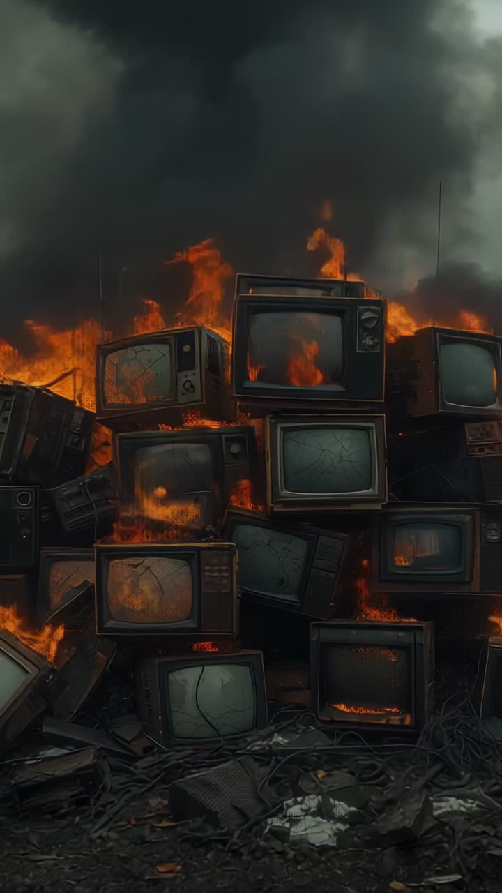 Vertical video: CRT TV stack burning in scrapyard, flames deepening, smoke rising, embers drifting