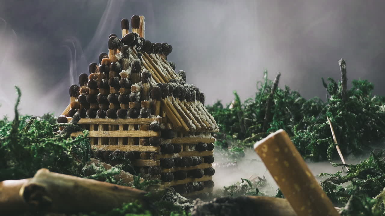 miniatura con cerillas nevadas en una nube de humo en invierno.