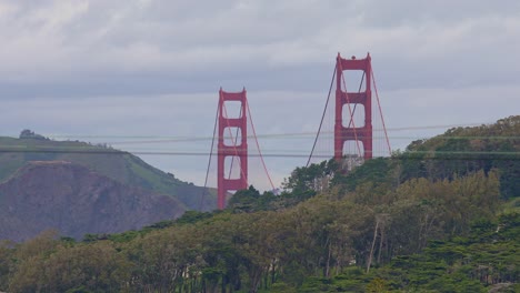 the golden gate bridge towers from afar with foreground of forest trees