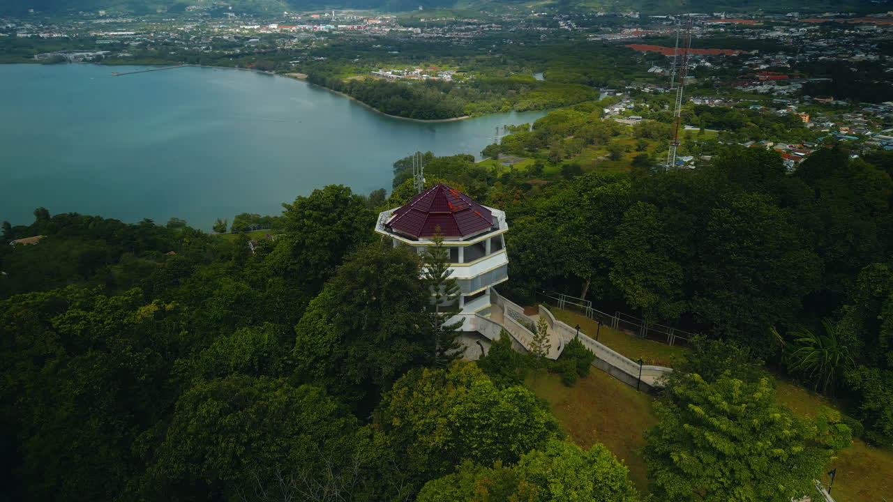 Aerial View of Coastal Lookout Tower and Cityscape