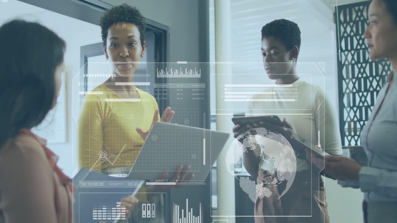 Business data analytics animation over diverse professionals discussing in office