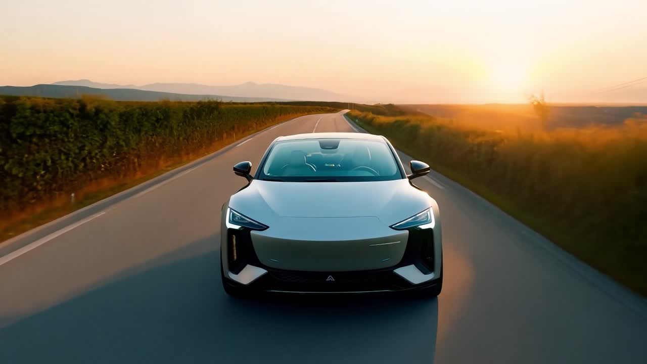 coche eléctrico blanco conduciendo en una carretera de campo al atardecer