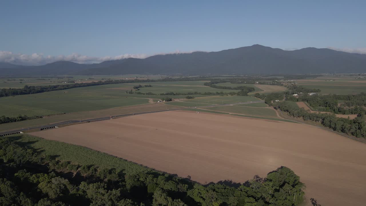 호주 qld에 있는 케언즈의 시골 지역에 있는 사탕수수 작물을 위한 경작지의 공중 전망
