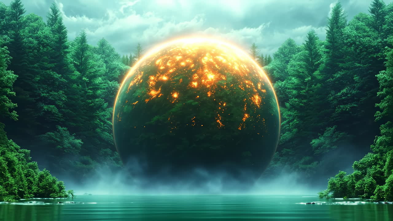 Glowing orb over calm lake. A glowing orb hovers above a tranquil lake, surrounded by lush trees and mist, creating a mystical atmosphere