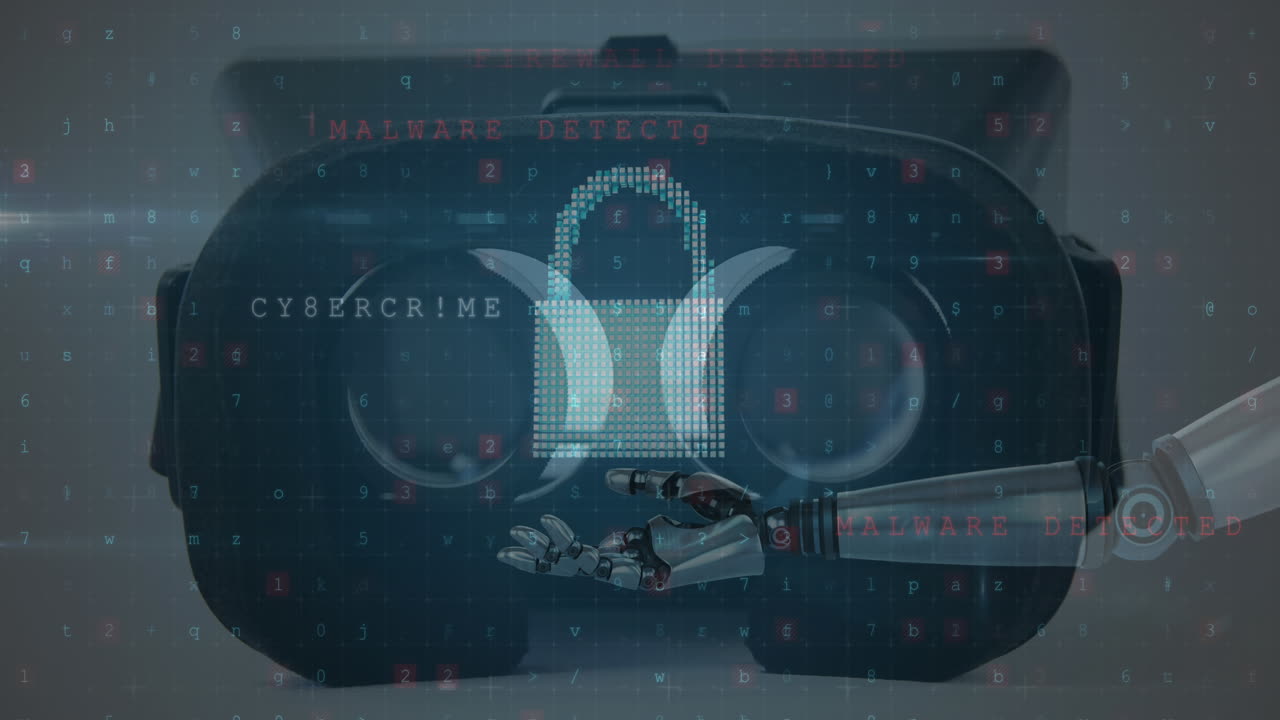 Animation of online security padlock over robot's arm and vr headset in background