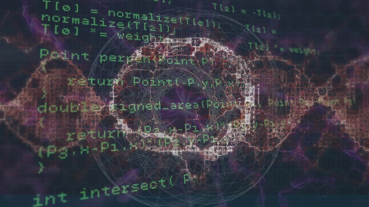 Animation of data processing over spinning human brain icon and purple digital waves