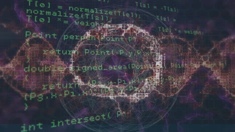 animación del procesamiento de datos sobre el icono del cerebro humano giratorio y las ondas digitales púrpuras.