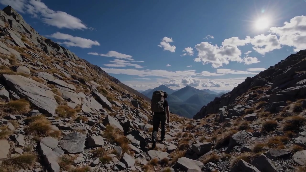 Senderista con mochila bajando por un sendero rocoso de montaña