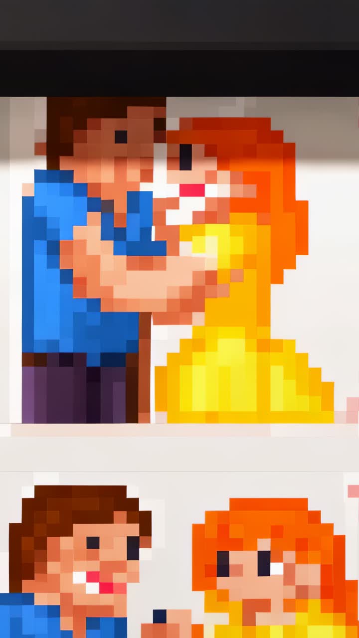 Video verticale: foglio di sticker scorrevole che mostra una coppia di pixel che passa dal bacio alla proposta di matrimonio con l'anello