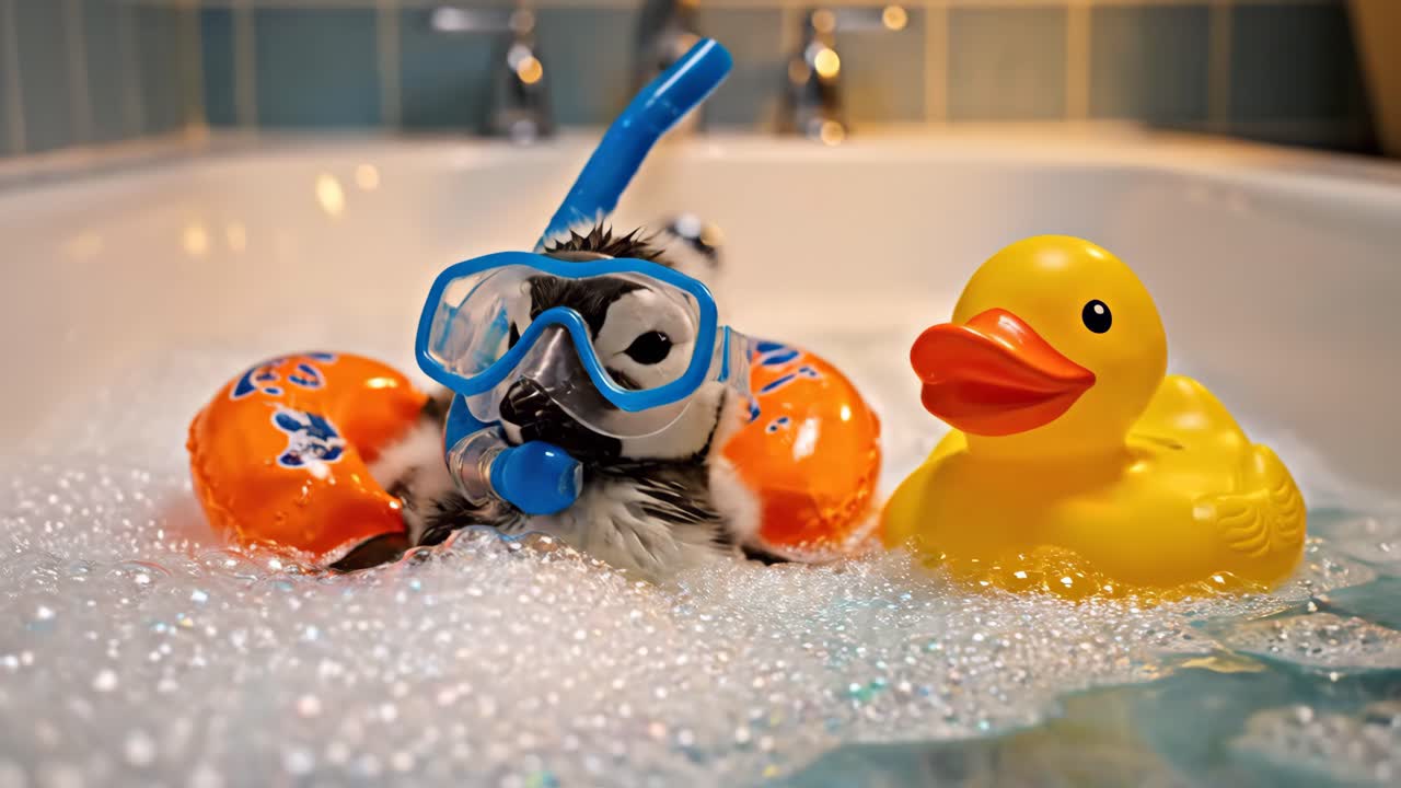 Duckling in a bathtub with rubber duck and scuba gear