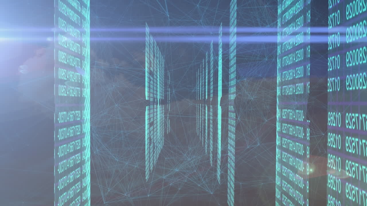 Animation of data processing over network of connections on black background