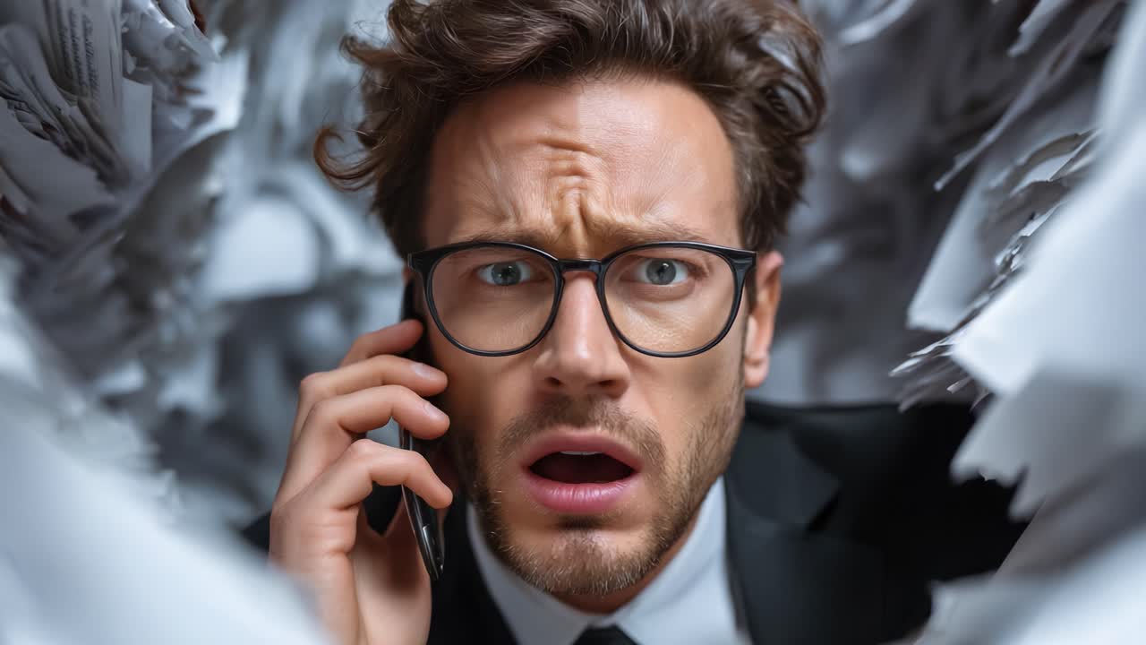 A Professional in Distress: Caught in a Sea of Papers, This Man Faces an Unexpected Crisis While On the Phone, Expressing Fear and Surprise with Intense Emotions