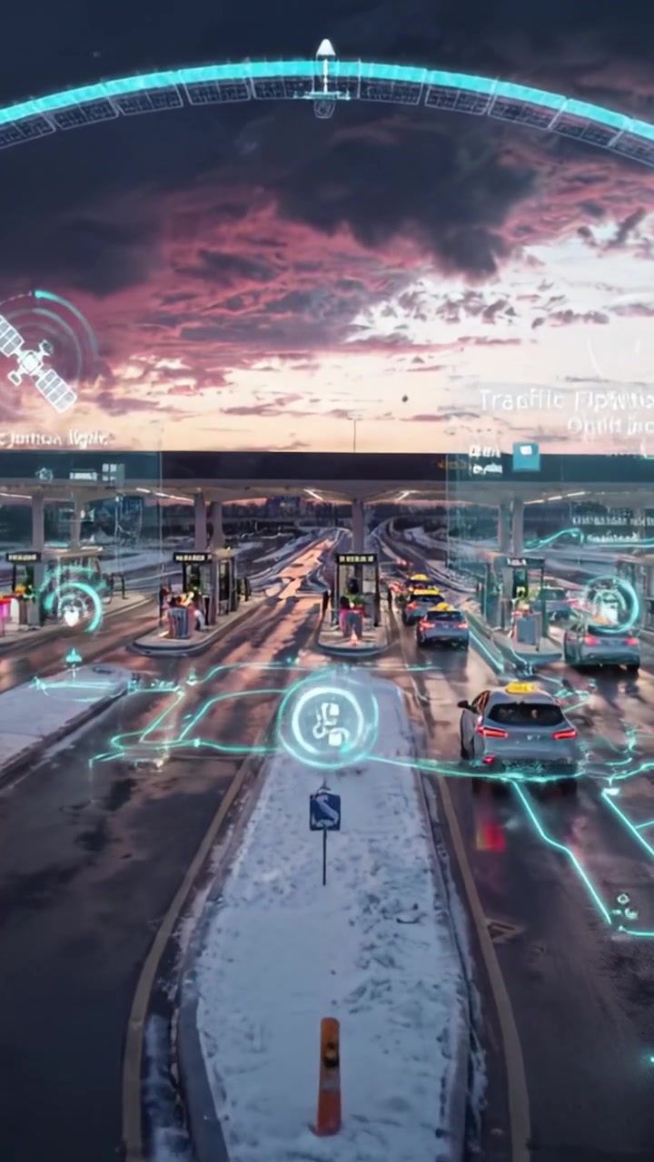 Scena di trasporto urbano futuristico con veicoli automatizzati e infrastrutture digitali in un cielo al tramonto drammatico.