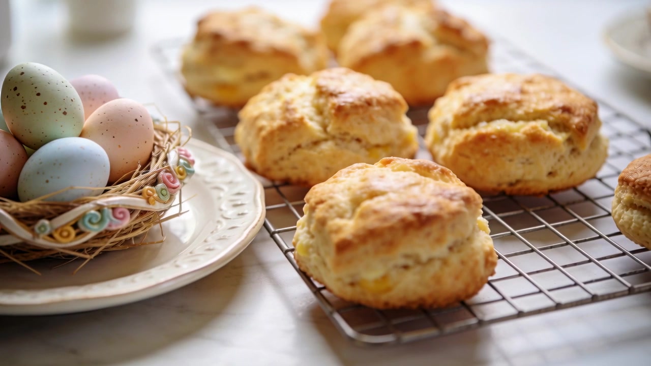 Panning camera drawing scones on wire rack toward center on tabletop to showcase, with pastel eggs