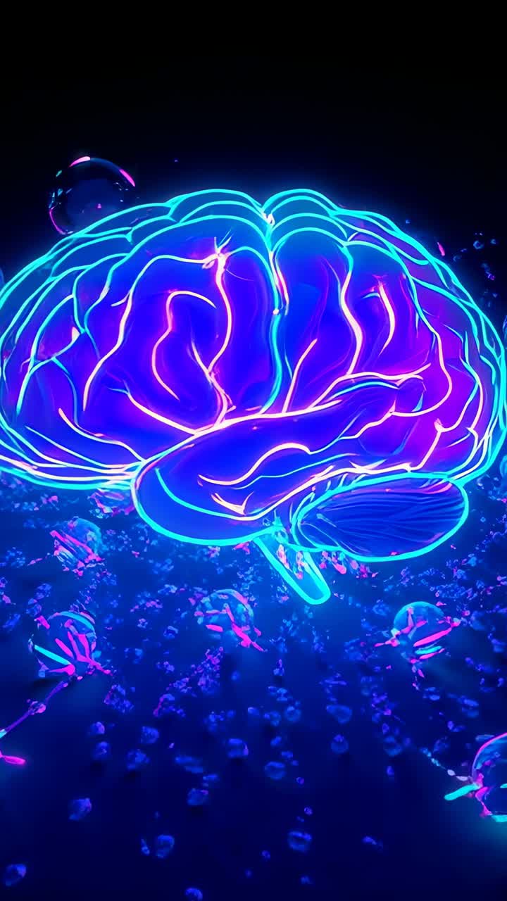 Vertical video: Neon brain moving closer as view zooming in showing folds in dark void amid spheres