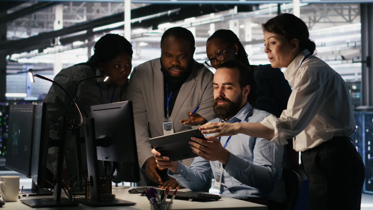Vertical video Data center system administrators performing maintenance on supercomputers