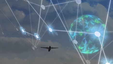 Animation-Eines-Netzwerks-Von-Verbindungen-Und-Eines-Sich-Drehenden-Globus-über-Einem-Am-Himmel-Fliegenden-Flugzeug