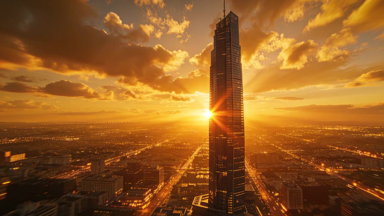 Drone enquadrando torre de vidro com antena iluminada em dourado sobre a malha urbana, sol passando por trás criando um brilho estelar