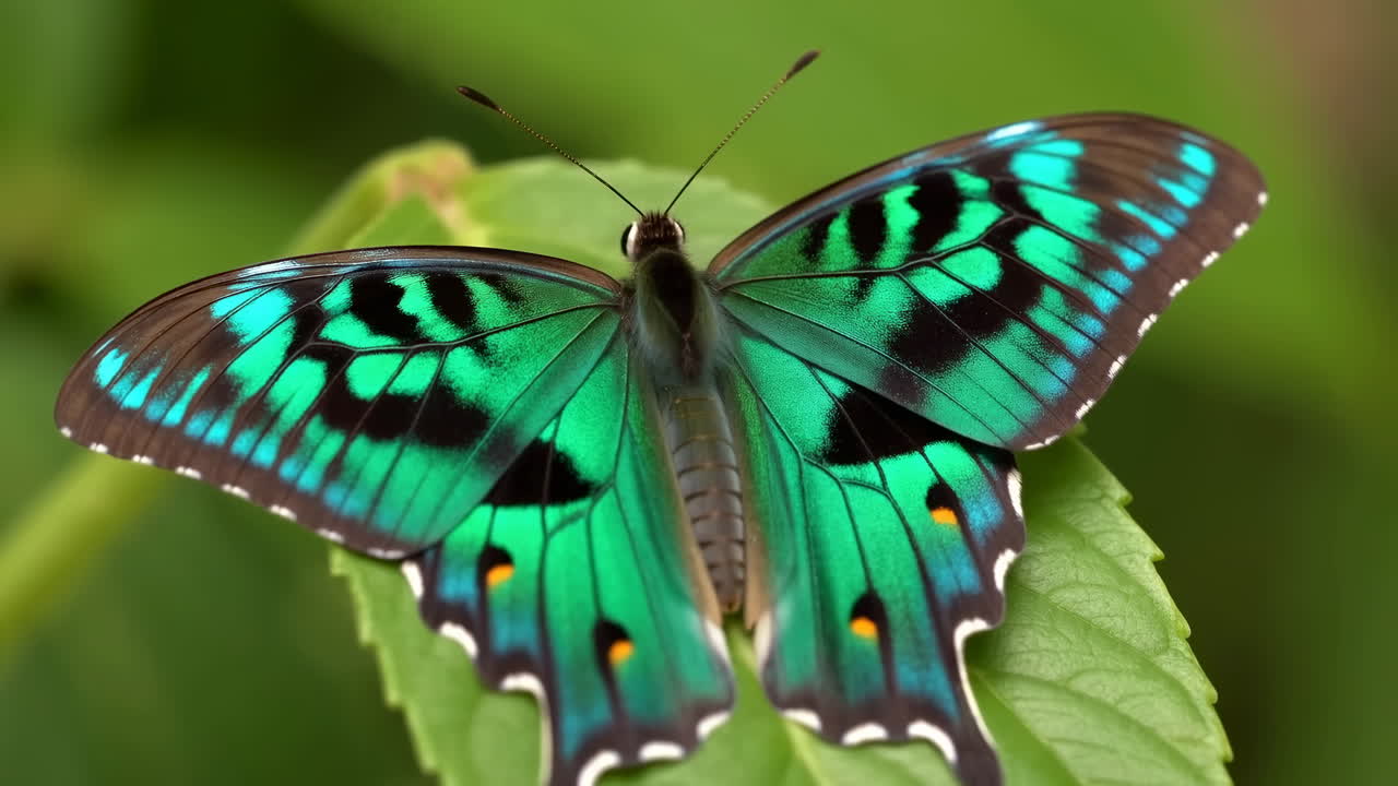 Una splendida farfalla verde su una foglia