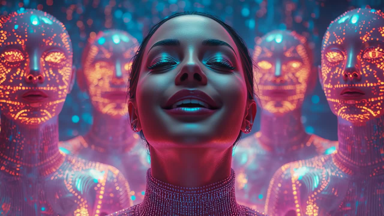 Responding to pulsing glow woman in studded top inhaling, smiling in cyberspace with lit sculptures