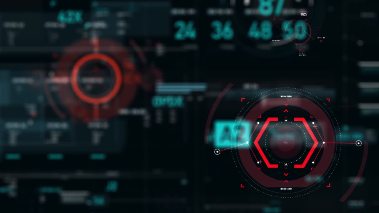 Puntatore bersaglio e interfaccia utente futuristica HUD GUI, elemento numerico di testo digitale per un concetto di cyber tecnologia con profondità di campo ridotta, elaborato con effetto scuro e grana
