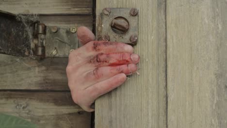 creepy blood stained hand slowly opens wooden door